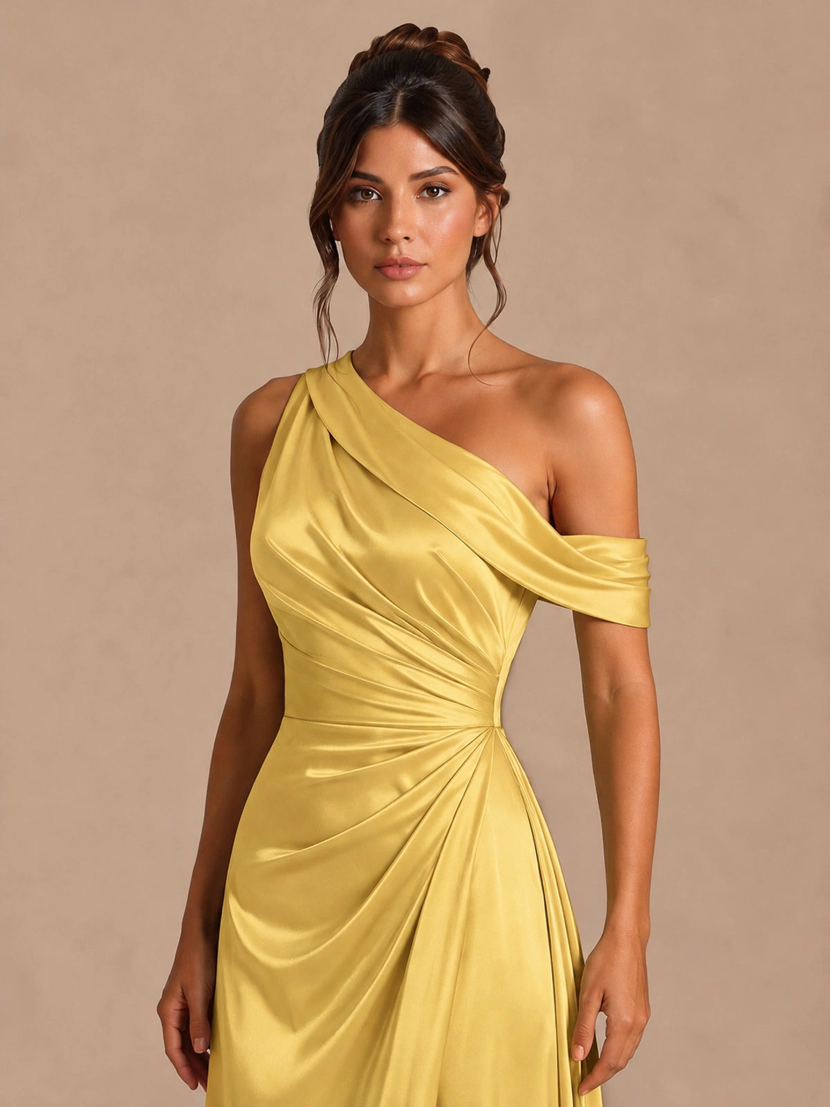 Satin One Shoulder Prom Dress Ruched Long Formal Evening Gown
