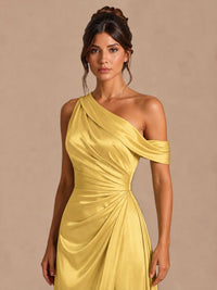Satin One Shoulder Prom Dress Ruched Long Formal Evening Gown