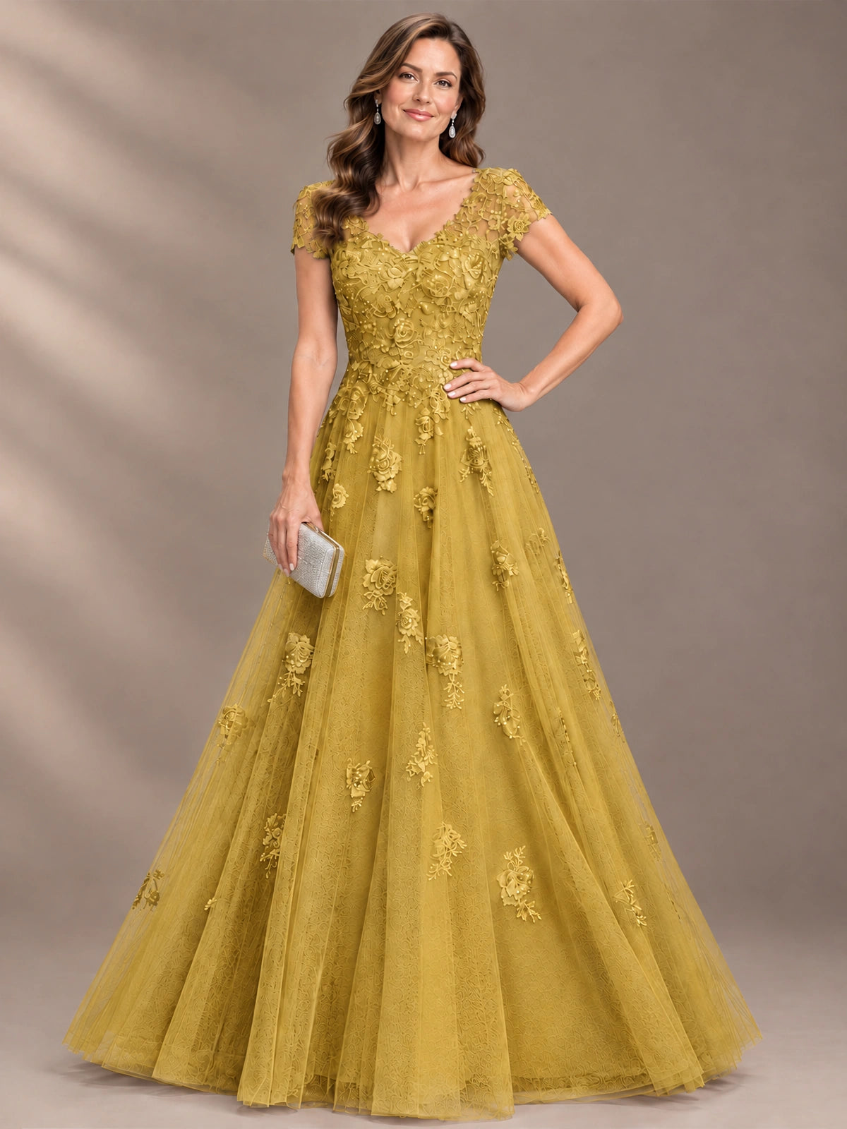 Lace Appliques A-line Mother of The Bride Dresses with Short Sleeves