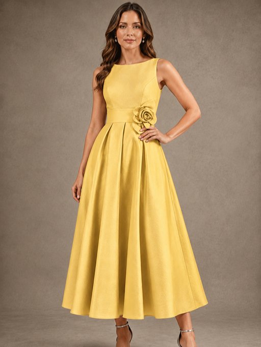 Tea-Length Satin Mother of the Bride Dress with 3D Flower Detail