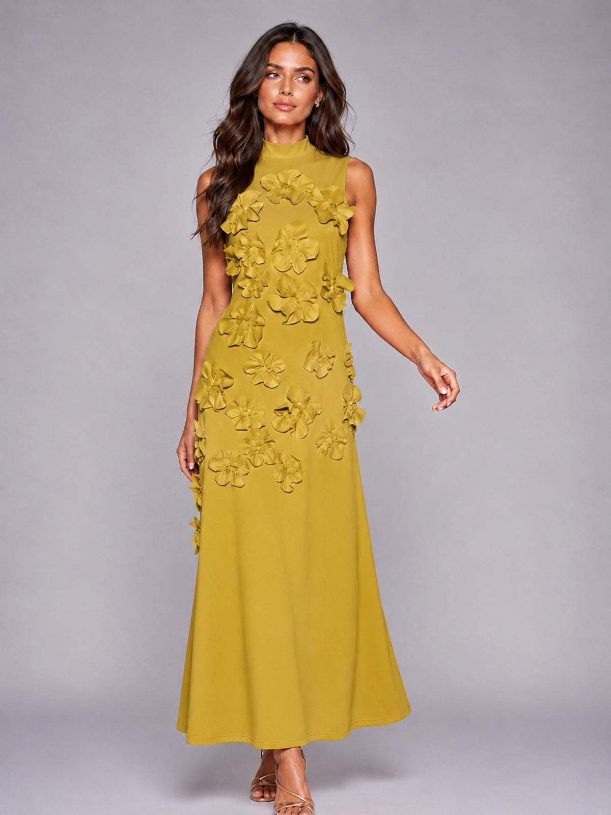 3D Floral Applique High Neck Prom Maxi Dress