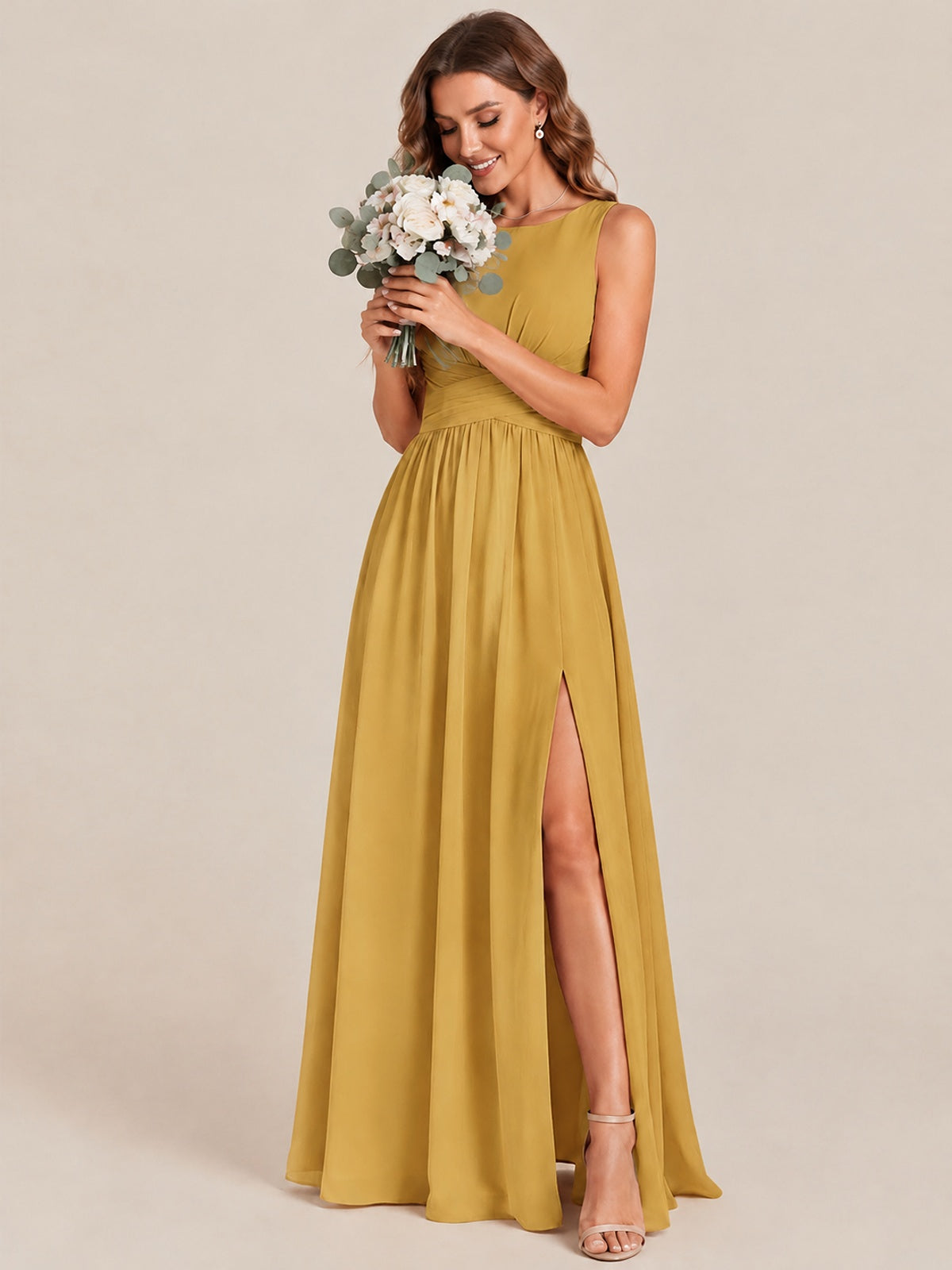 A-line Sleeveless Rucehd Chiffon Bridesmaid Dress with High Slit