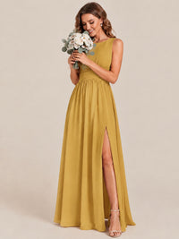 A-line Sleeveless Rucehd Chiffon Bridesmaid Dress with High Slit