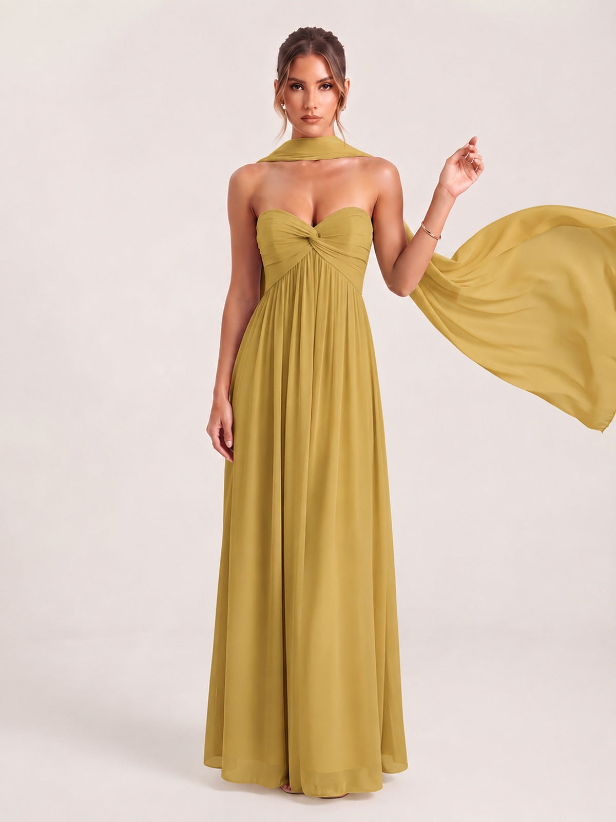 Strapless Ruched Chiffon Long Prom Dress with Scarf