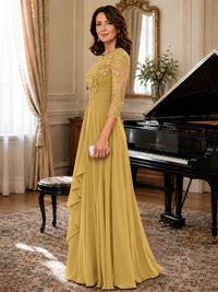 A-Line Chiffon Mother of the Bride Dress with Floral Applique 3/4 Sleeves