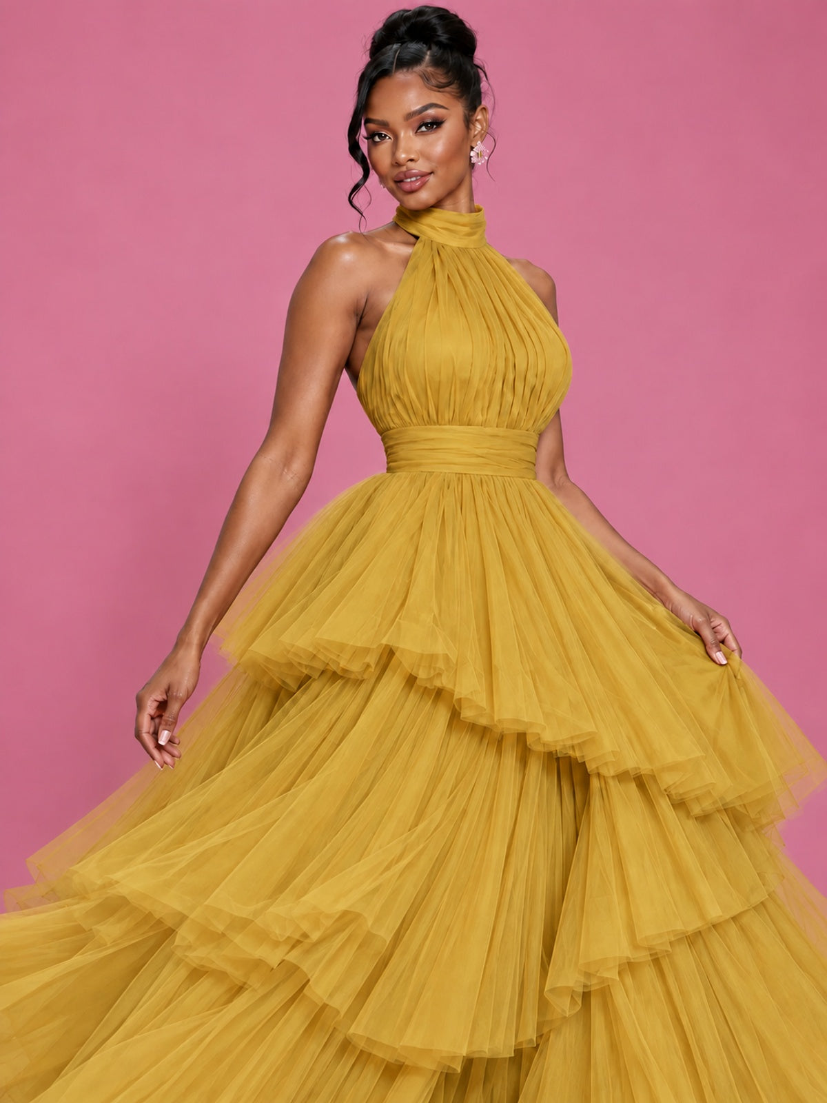 Hot Pink Tulle Halter Neck Tiered Ruffle Maxi Dress