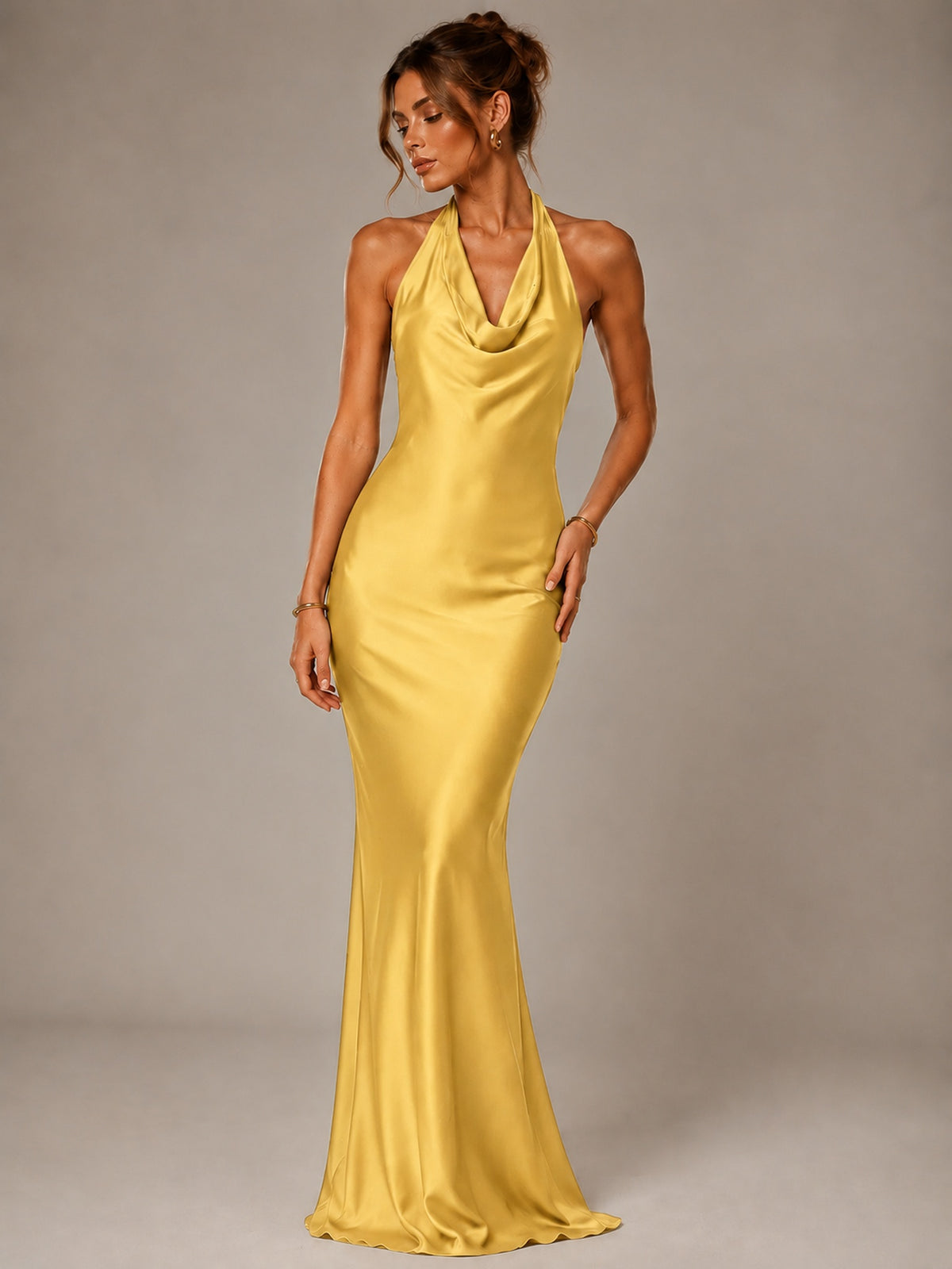 Olive Green Halter Satin Mermaid Maxi Dress