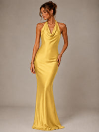 Olive Green Halter Satin Mermaid Maxi Dress