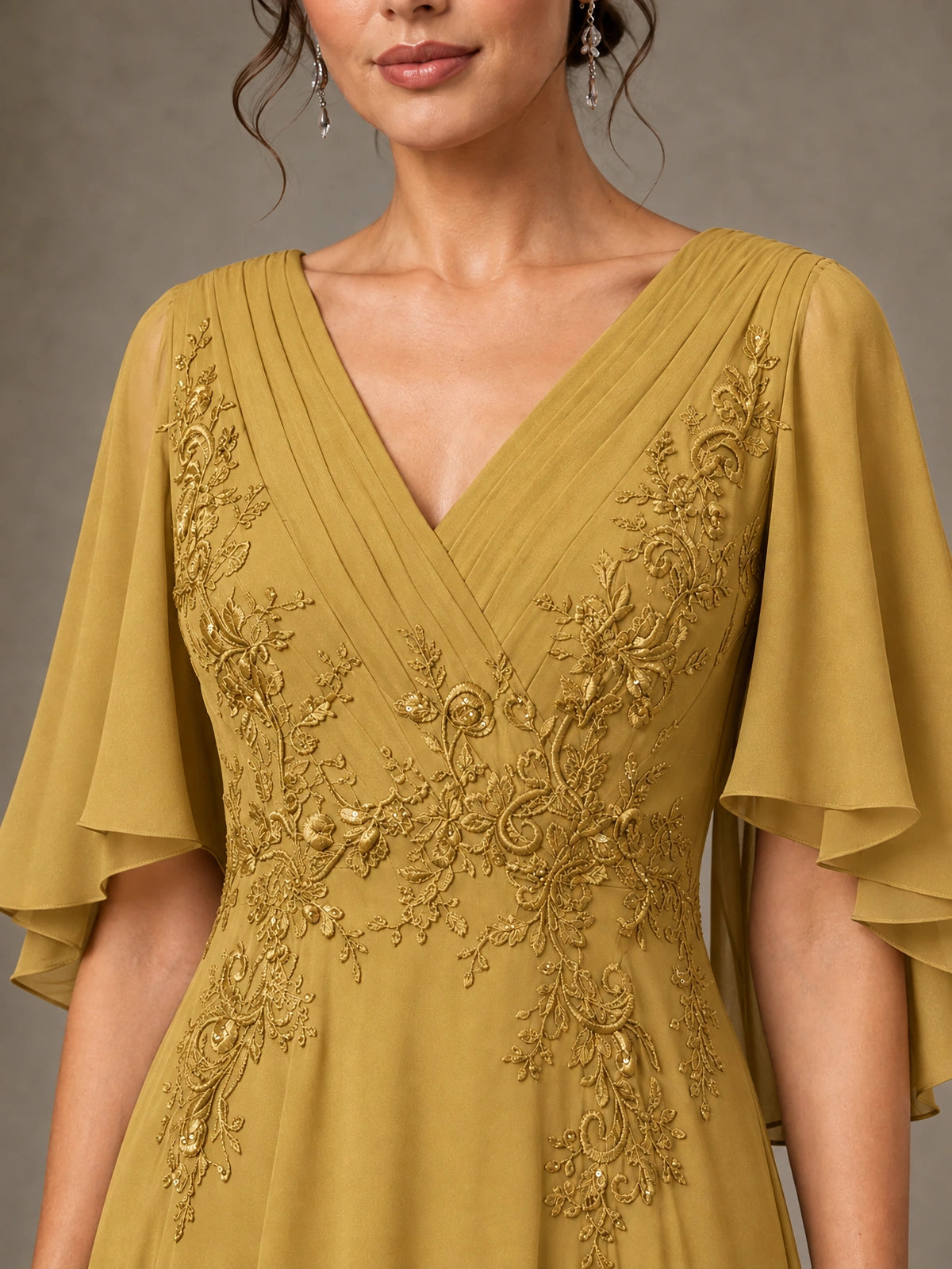 V-Neck Chiffon Lace Mother of the Bride Dress with Flutter Sleeves