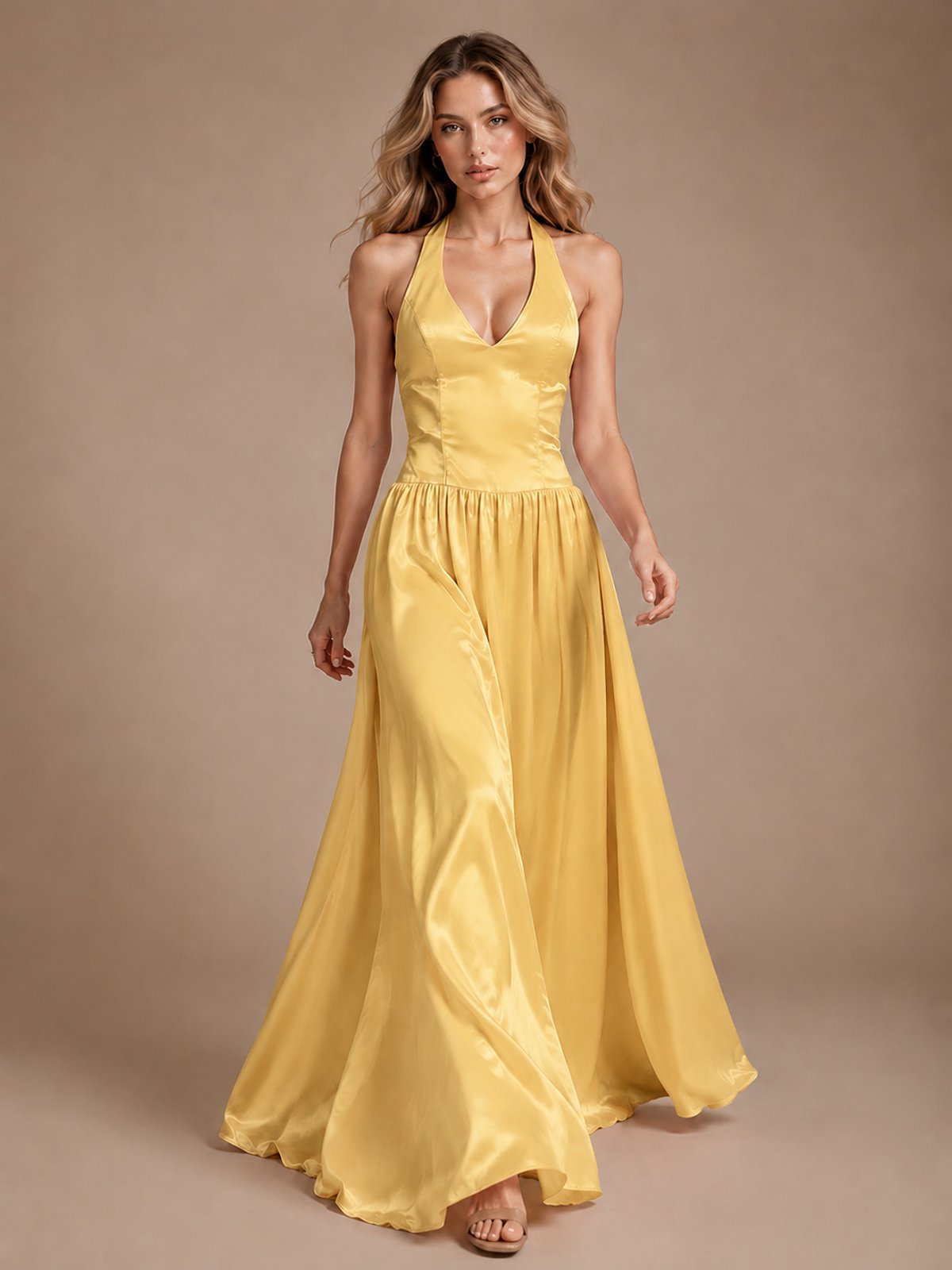 Pink V Neck Halter Satin Maxi Dress