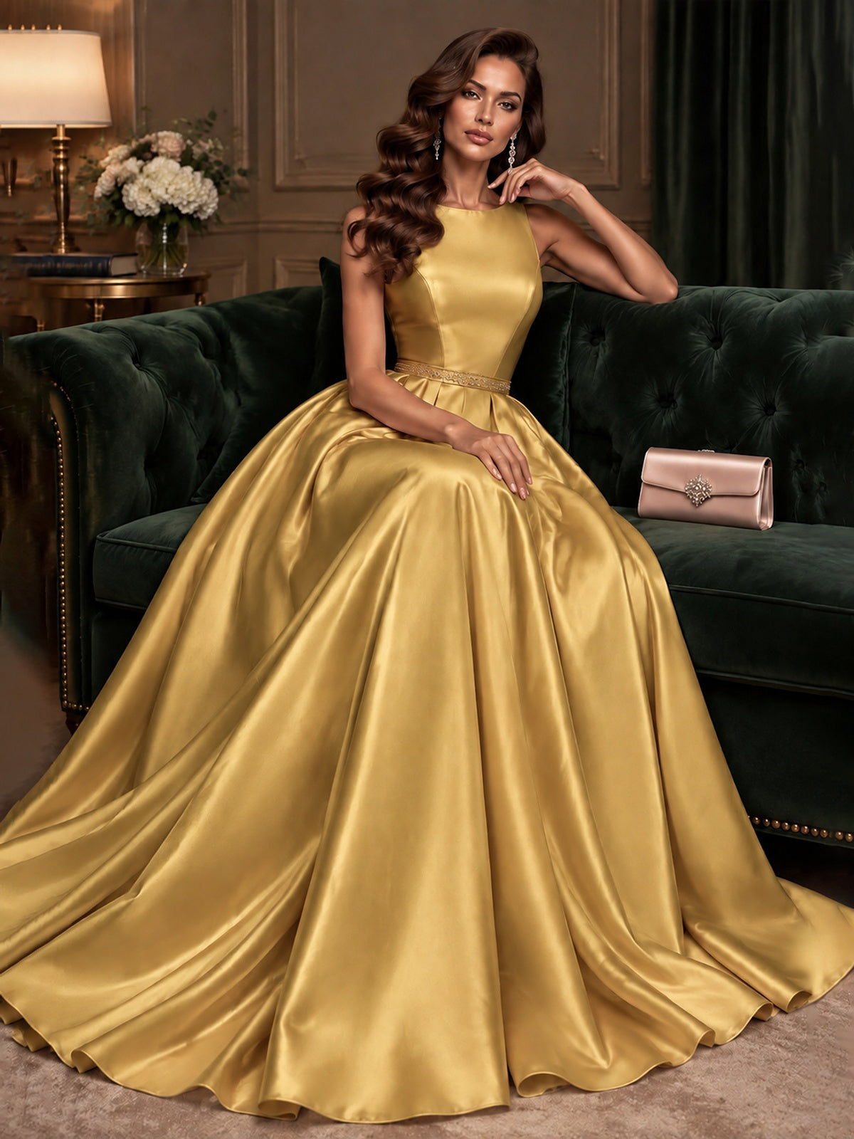 Satin A-Line Prom Dress Sleeveless Beaded Waist Formal Gown with Pockets