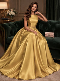 Satin A-Line Prom Dress Sleeveless Beaded Waist Formal Gown with Pockets