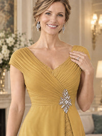 Pleated Chiffon Lace Mother of The Bride Dresses with Beading Cap Sleeves