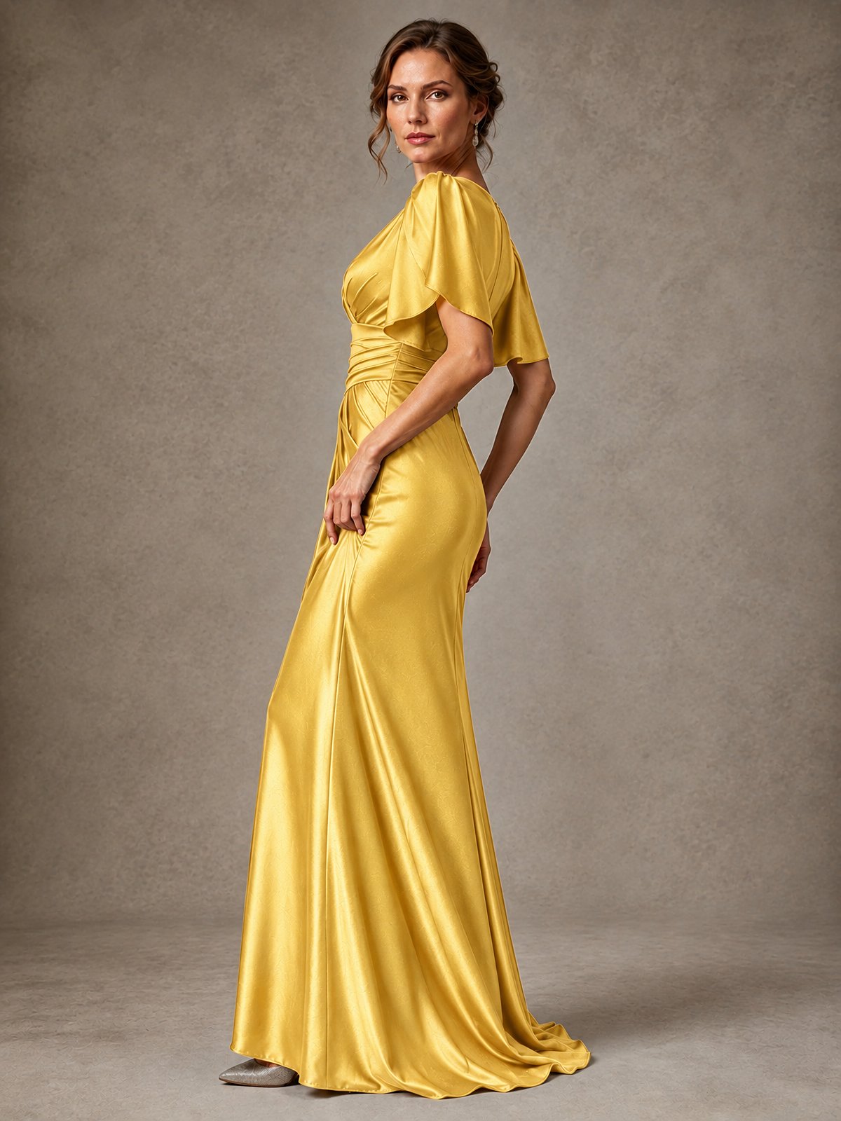 V-Neck Satin Mother of the Bride Dress with Flutter Sleeves