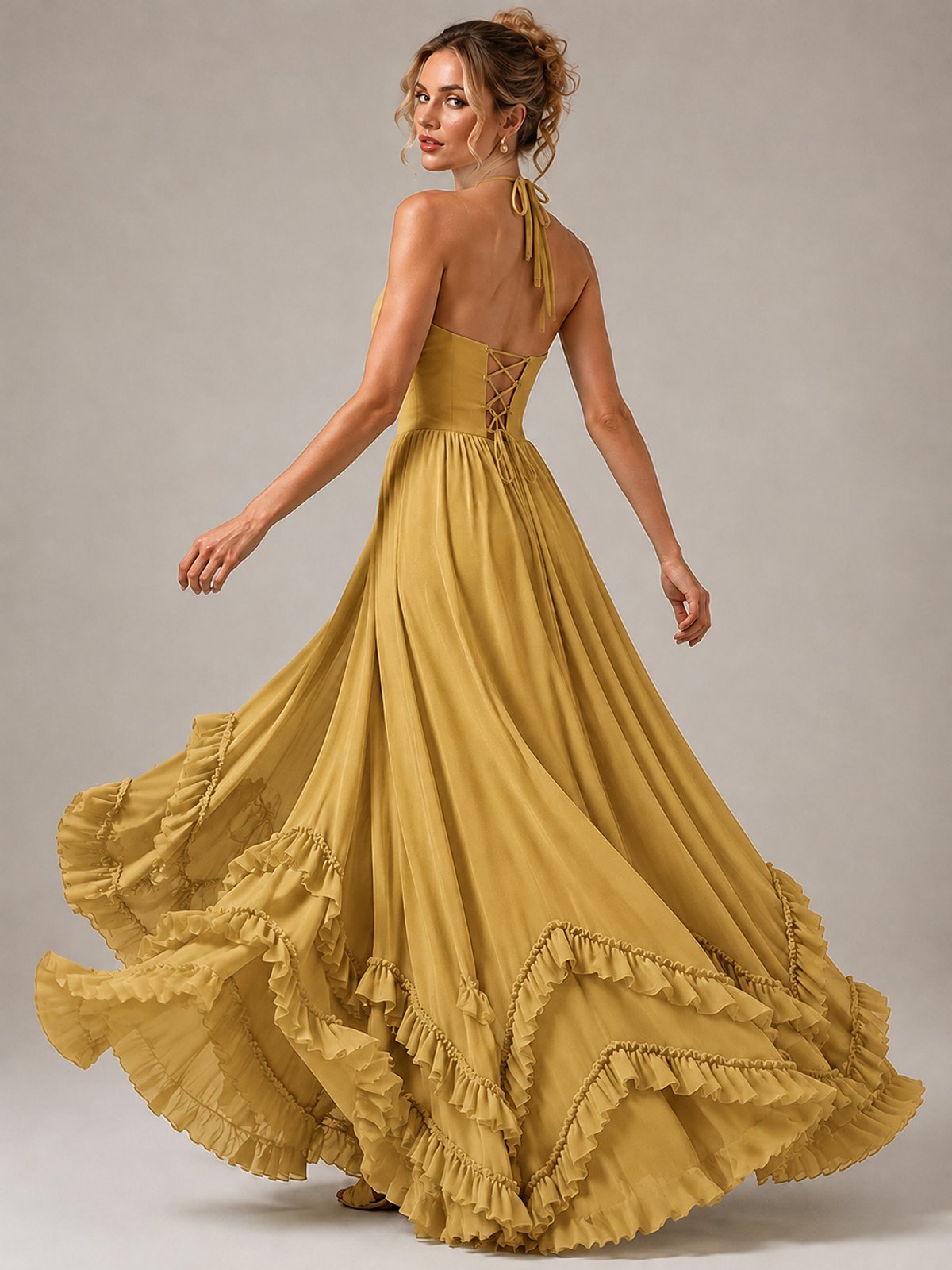 Halter V Neck Chiffon Formal Dress with Lace-Up Back and Ruffle Hem