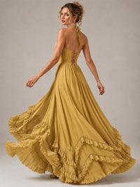 Halter V Neck Chiffon Formal Dress with Lace-Up Back and Ruffle Hem