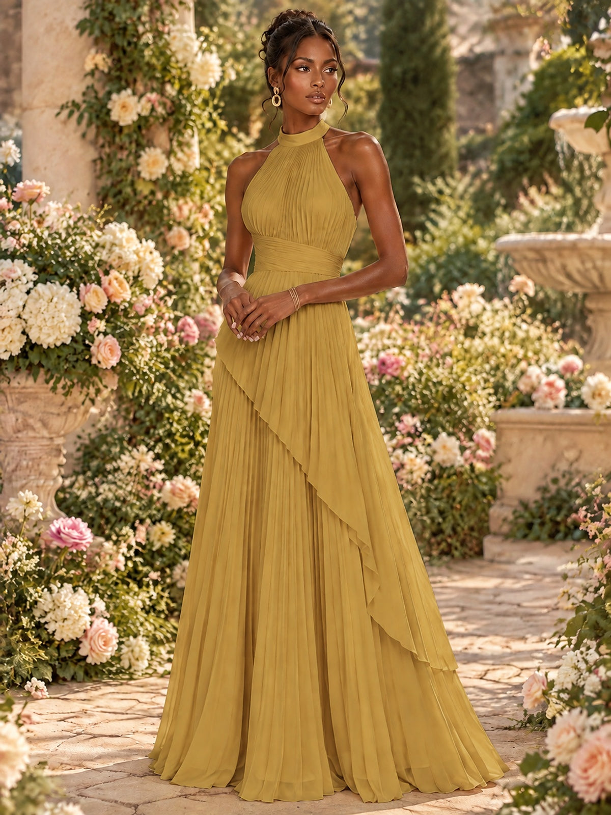 Wrap Pleated Prom Dress Halter A-line Chiffon Formal Wedding Dress