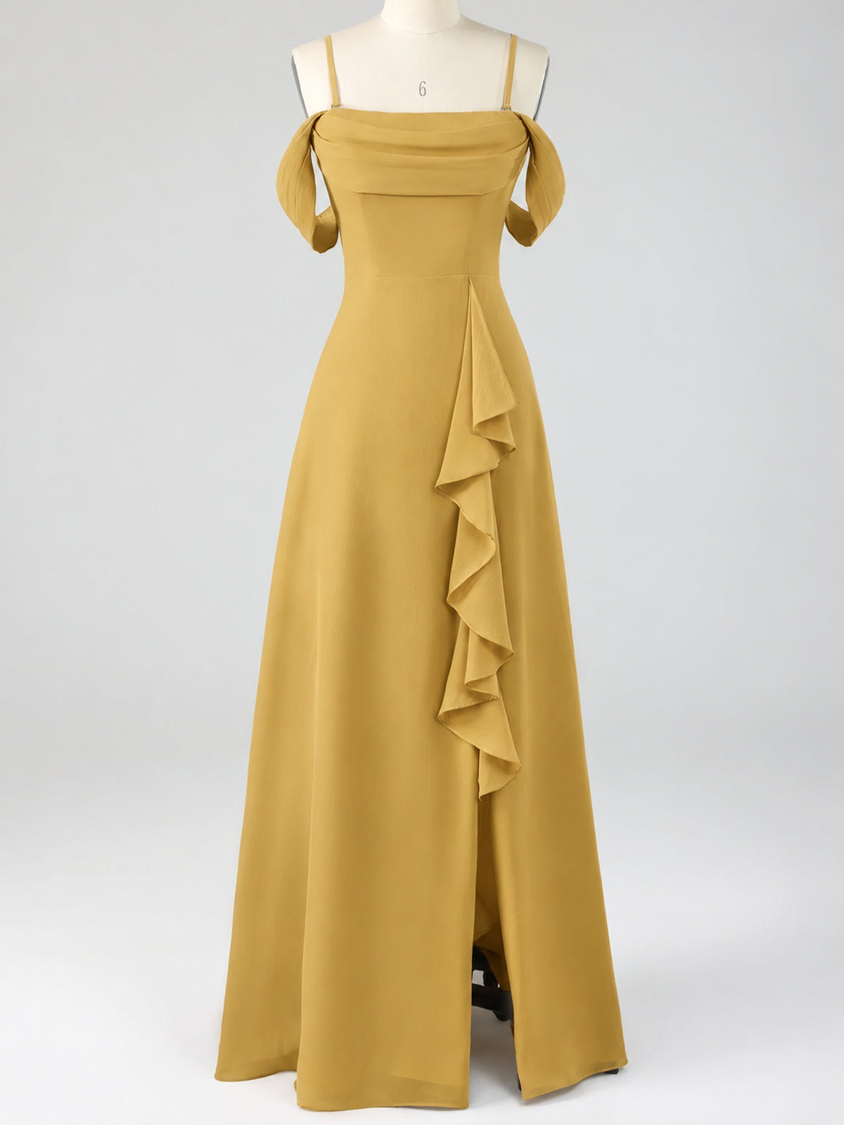Spaghetti Strap Chiffon Bridesmaid Dress with Ruffles Slit