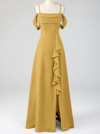 Spaghetti Strap Chiffon Bridesmaid Dress with Ruffles Slit