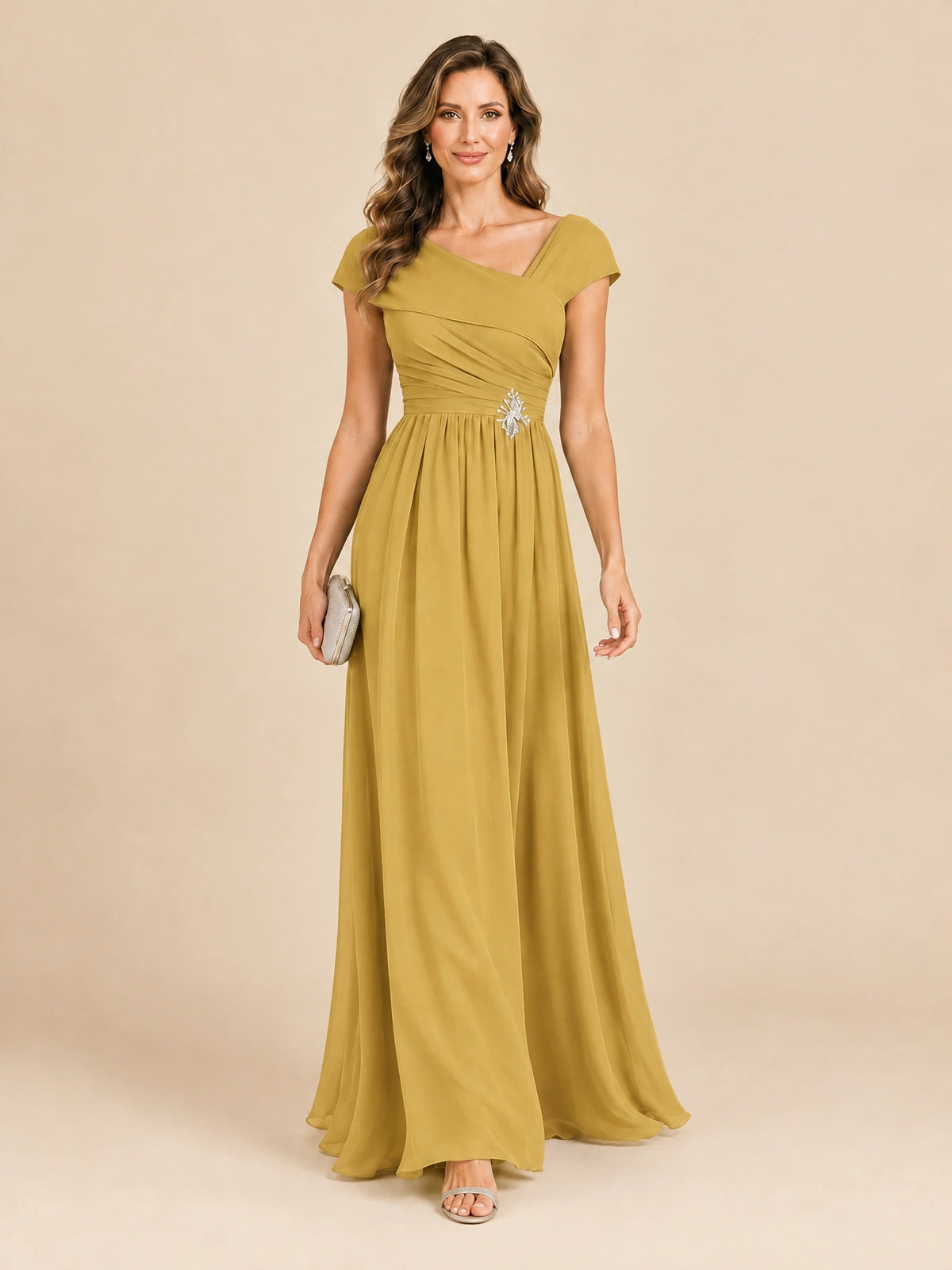 Cap Sleeve Mother of The Bride Dresses Long Chiffon Formal Gowns