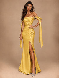 Off The Shuolder Satin Prom Dress Slit Mermaid Formal Gowns