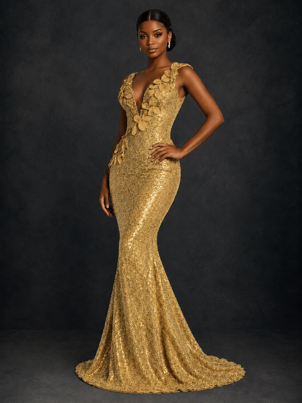 Gold Sequin Floral Applique Mermaid Prom Dress