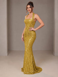 Gold Halter Sequin Mermaid Ruched Prom Dress Long Ruched Evening Gown