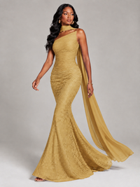 Pleated Chiffon Lace Prom Dresses Long Bodycon Mermaid with Scarf