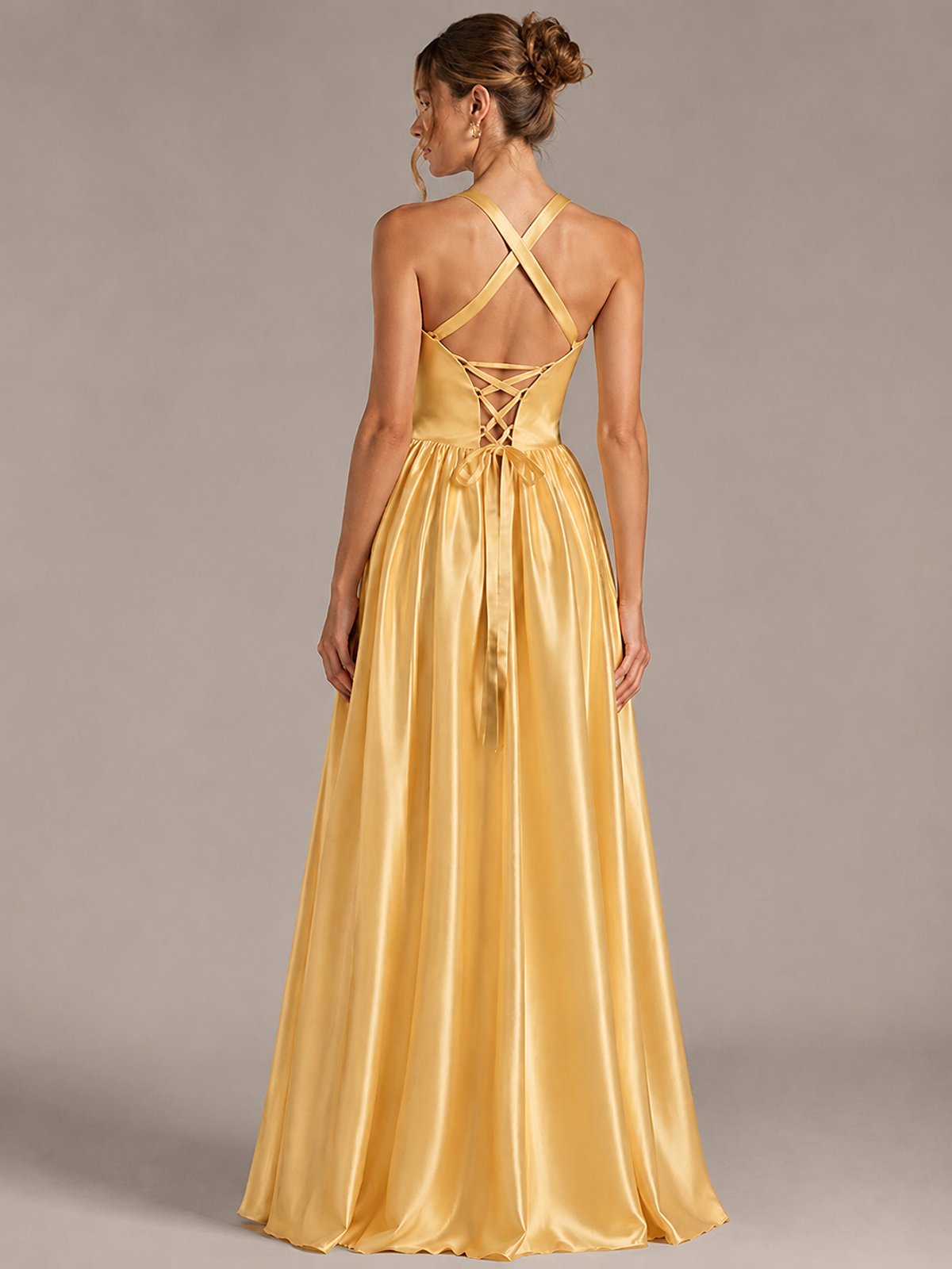 Light Yellow Halter Neck Satin A-Line Maxi Dress with Pockets