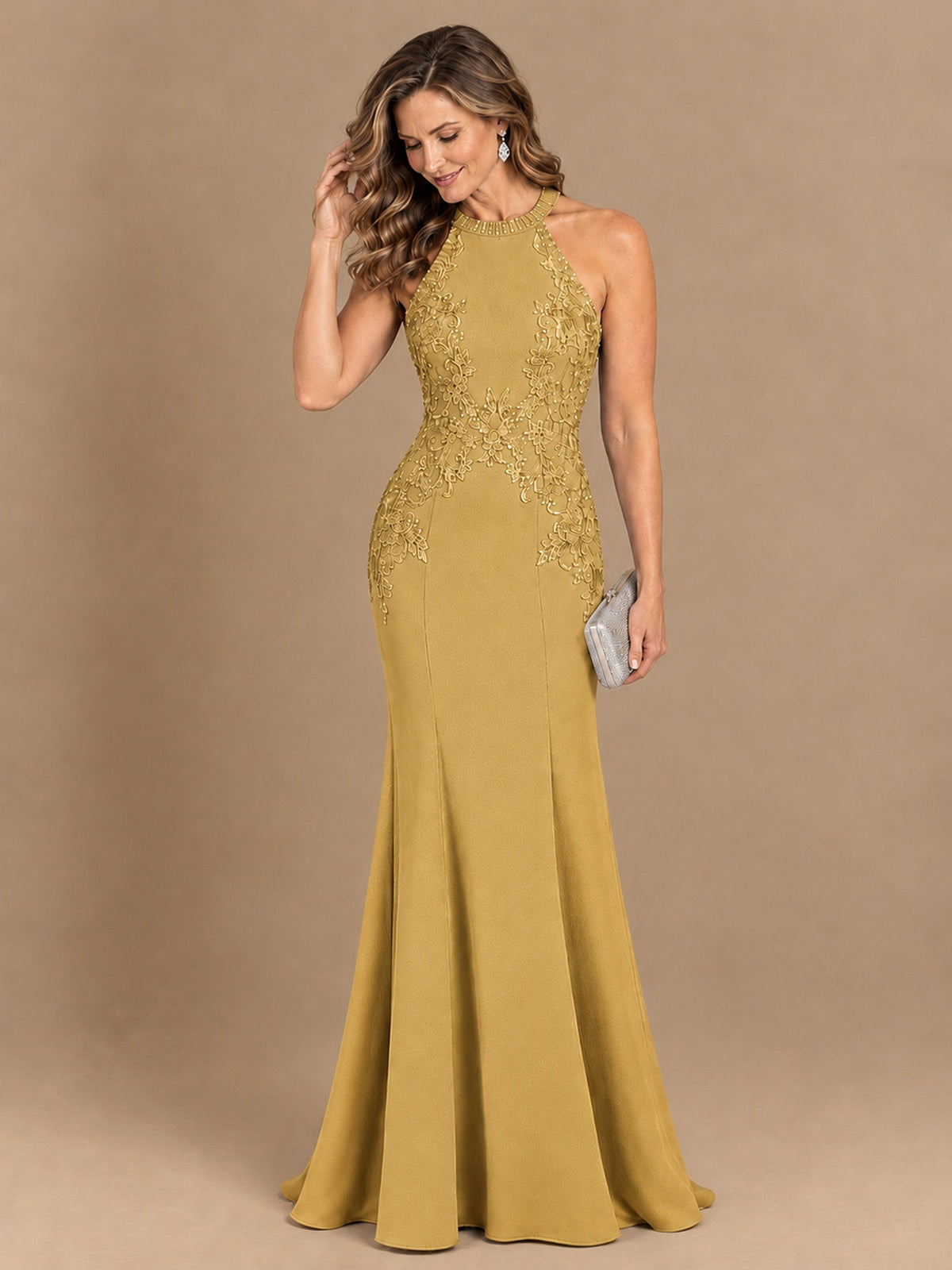 Halter Neckline Lace Appliques Mother of The Bride Dresses