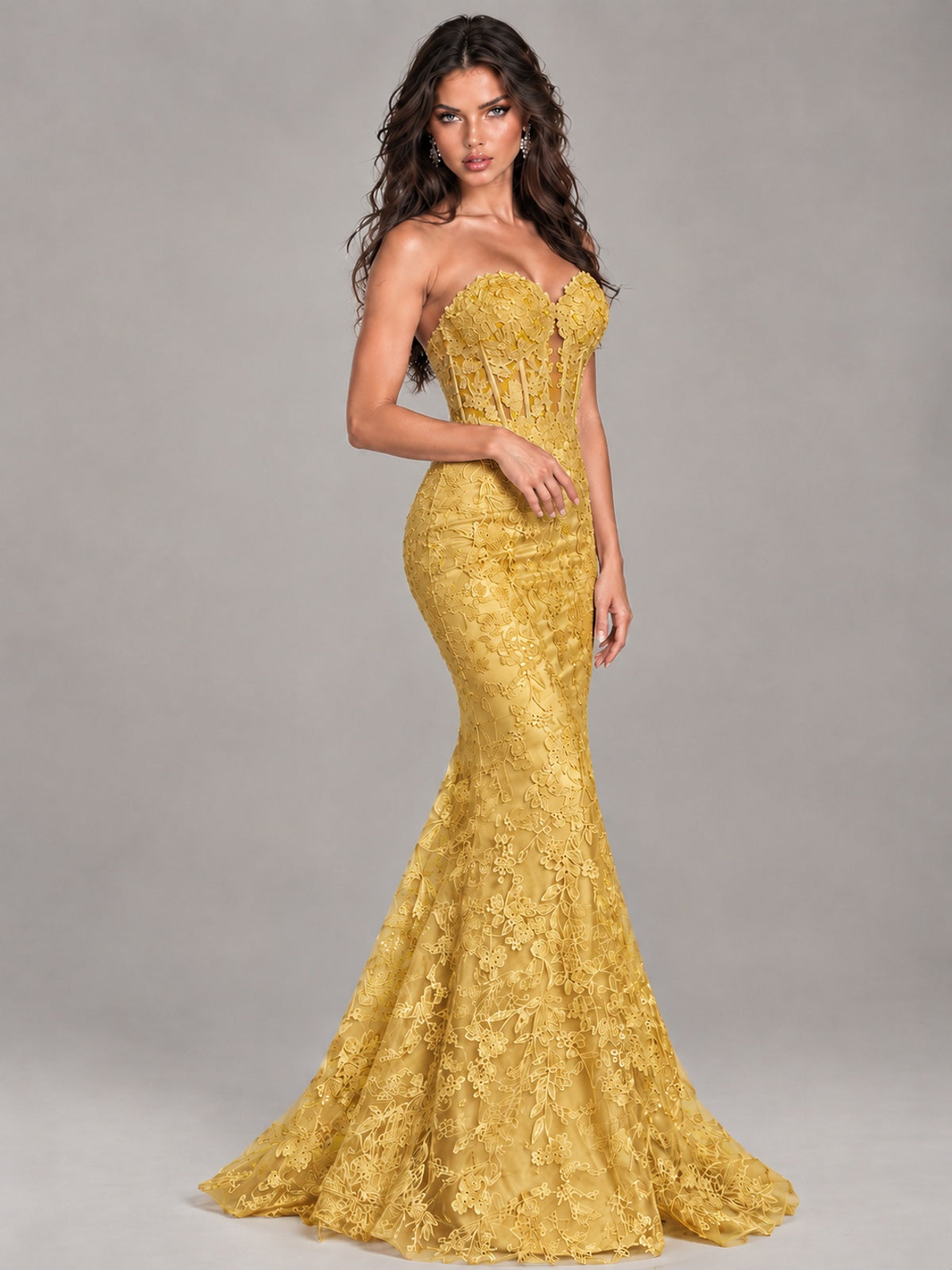 Strapless Corset Mermaid Prom Dress Lace Appliqué Formal Gown