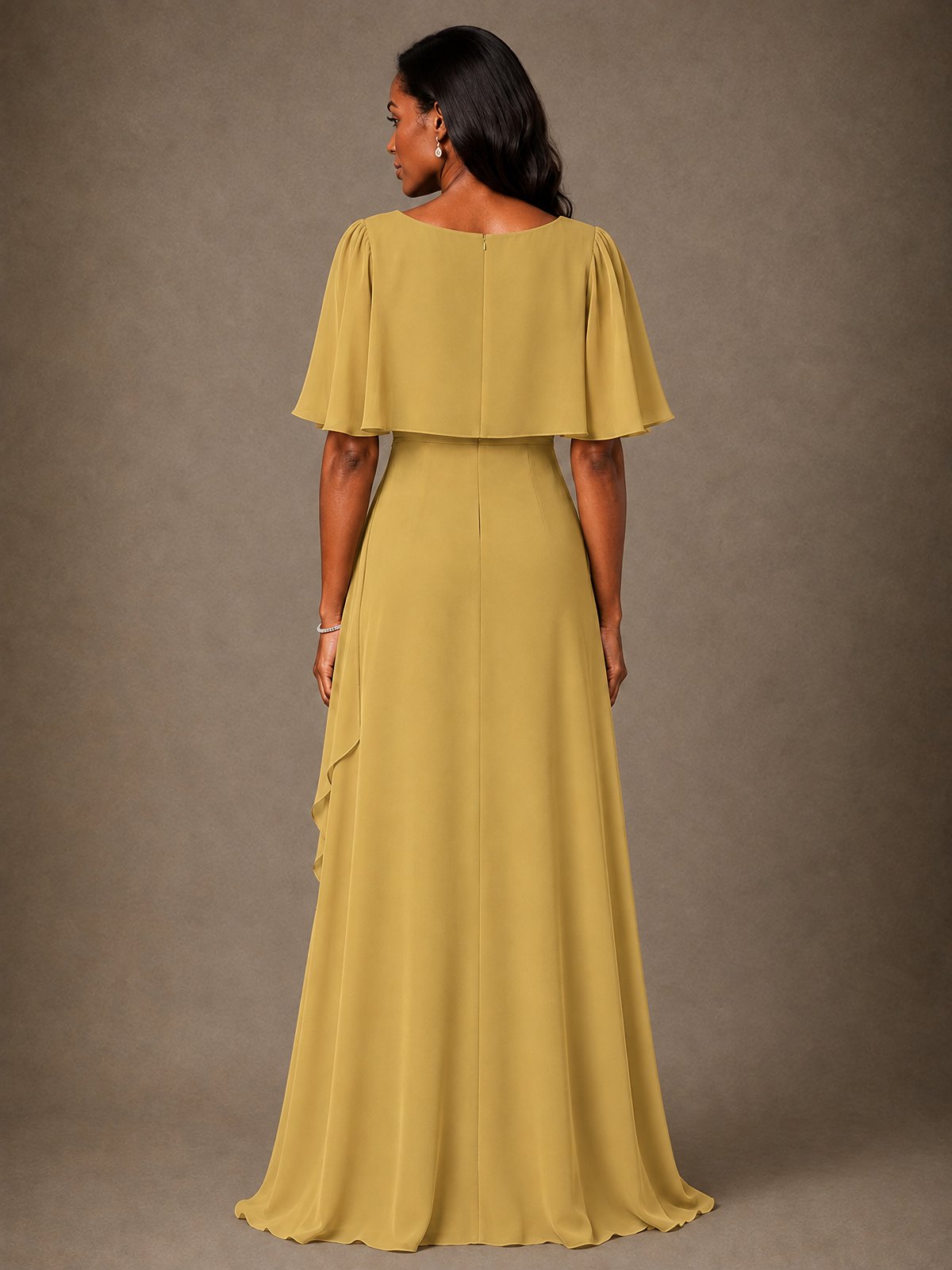 Taupe Chiffon A-Line Mother of the Bride Dress with Cape Sleeves
