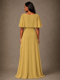 Taupe Chiffon A-Line Mother of the Bride Dress with Cape Sleeves