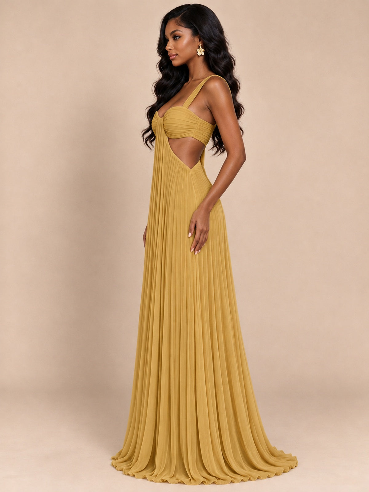 Butter Yellow Pleated Cutout Maxi Dress