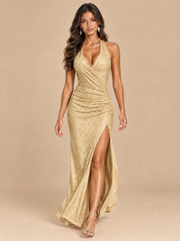 Halter V-Neck Sequin Mermaid Prom Dress with High Slit