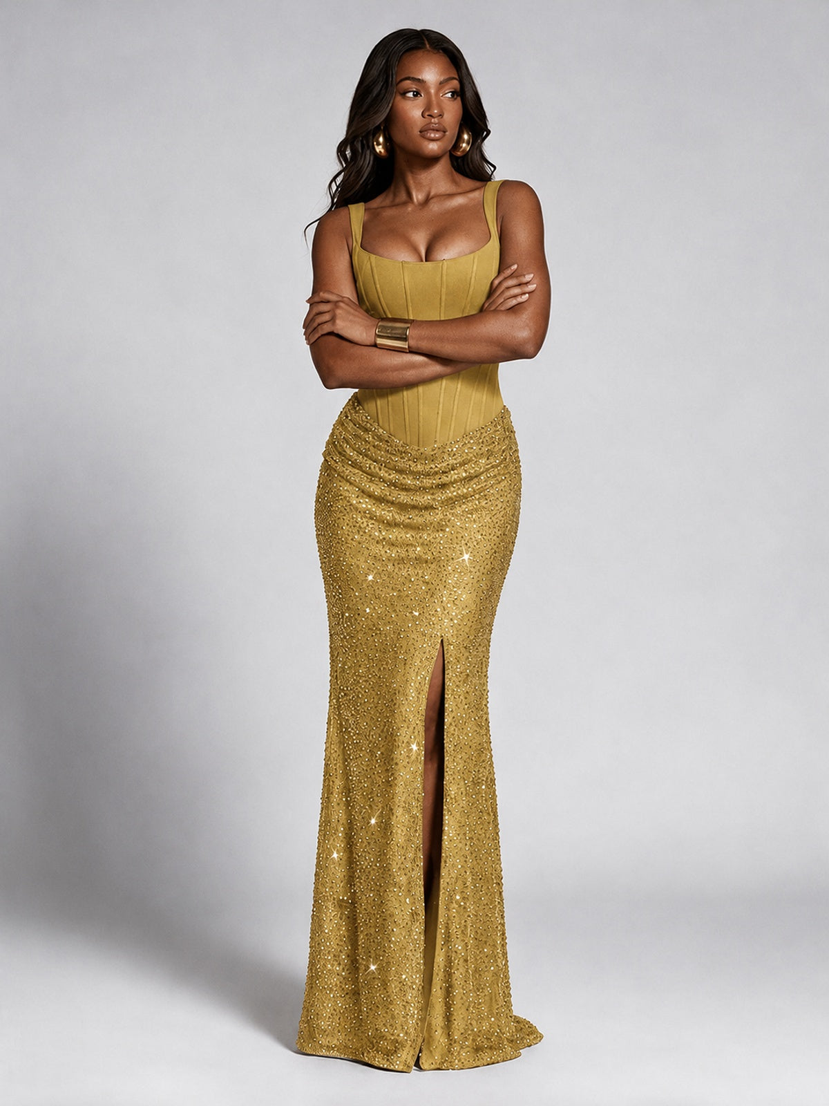 Sequin Corset Mermaid Prom Dress with Square Neck Wide Strap High Slit