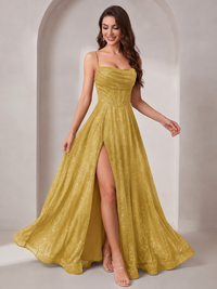 Sparkly Cowl Neck Corset Long Prom Dress with Slit A-line Tulle Ball Gown