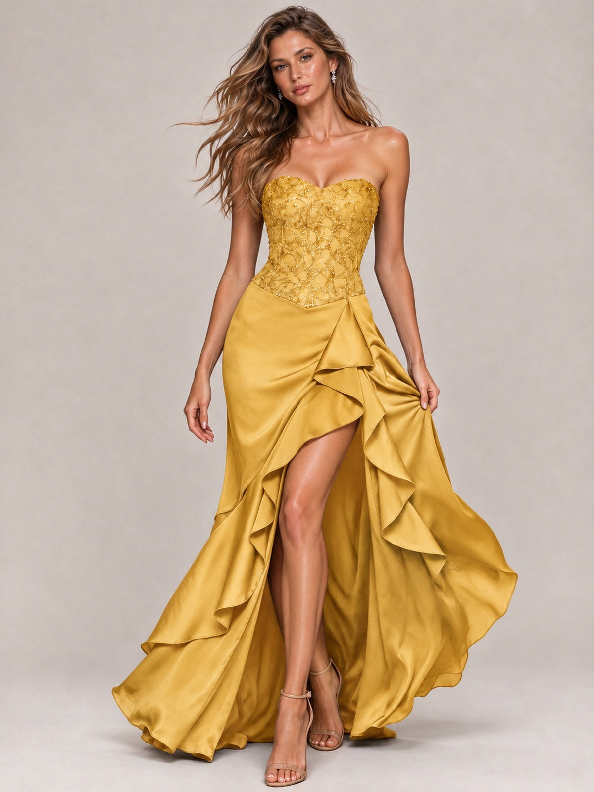 Strapless Lace Appliques Corset Satin Prom Dress Ruffle Slit Evening Gown