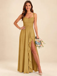 Spaghetti Straps Pleated Chiffon Bridesmaid Dress with Ruffle Slit