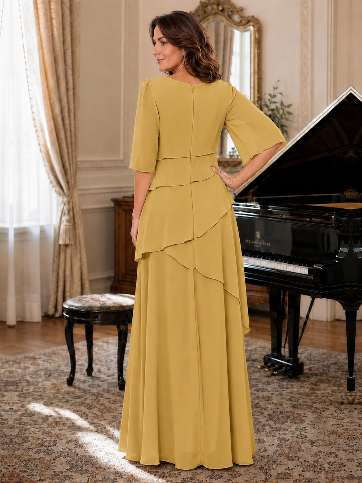 Asymmetric Draped Chiffon Mother of the Bride Dress with Flutter Sleeves