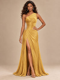 Burgundy One Shoulder Ruched Prom Dress with High Slit & Beaded Waist