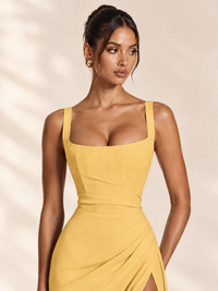 Square Neck Satin Sleeveless Ruched Prom Dress with High Slit