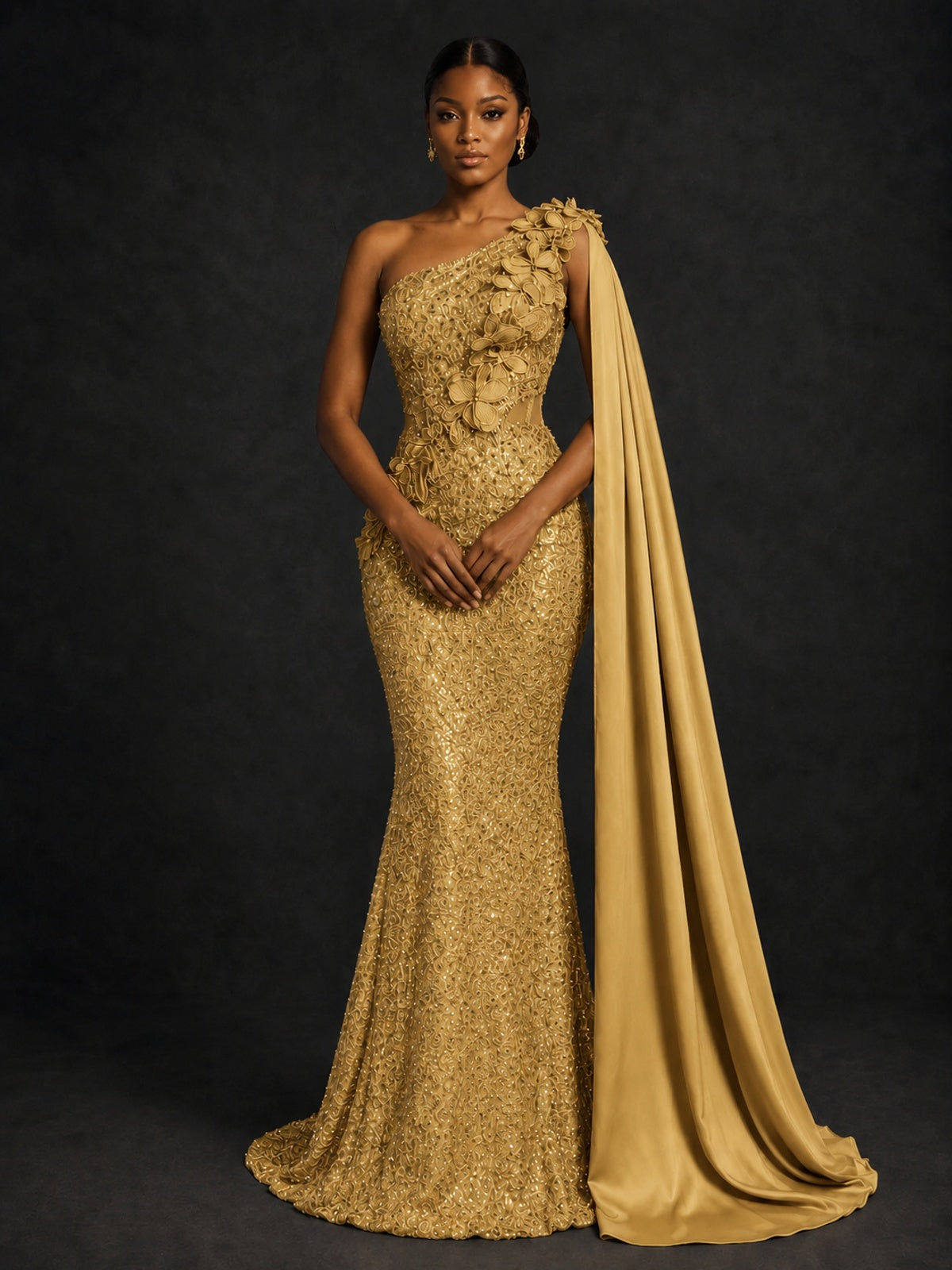 Gold Sequin One Shoulder Mermaid Prom Dress with Cape