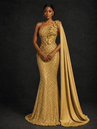 Gold Sequin One Shoulder Mermaid Prom Dress with Cape