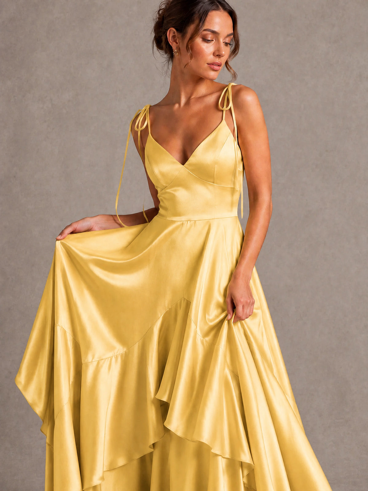 Lavender Satin V-Neck Ruffle Maxi Dress