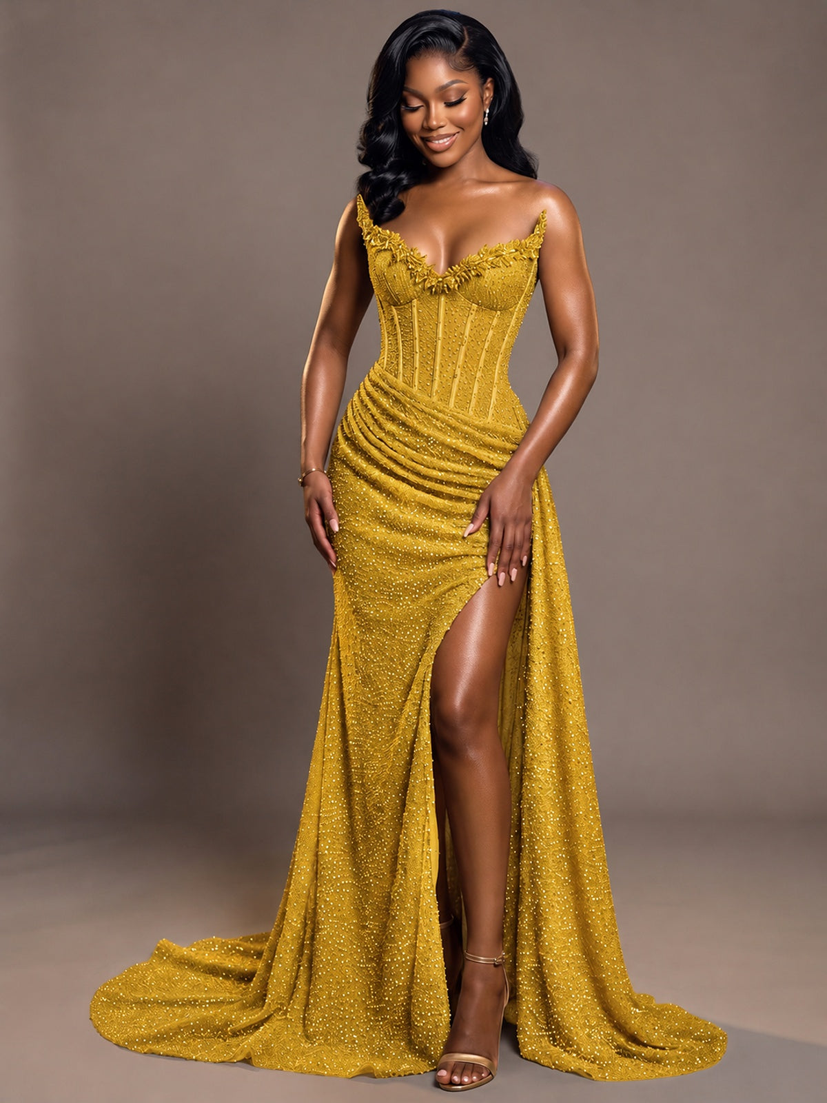 Luxury Strapless Sequin Corset Mermaid Prom Dress with High Slit & Train