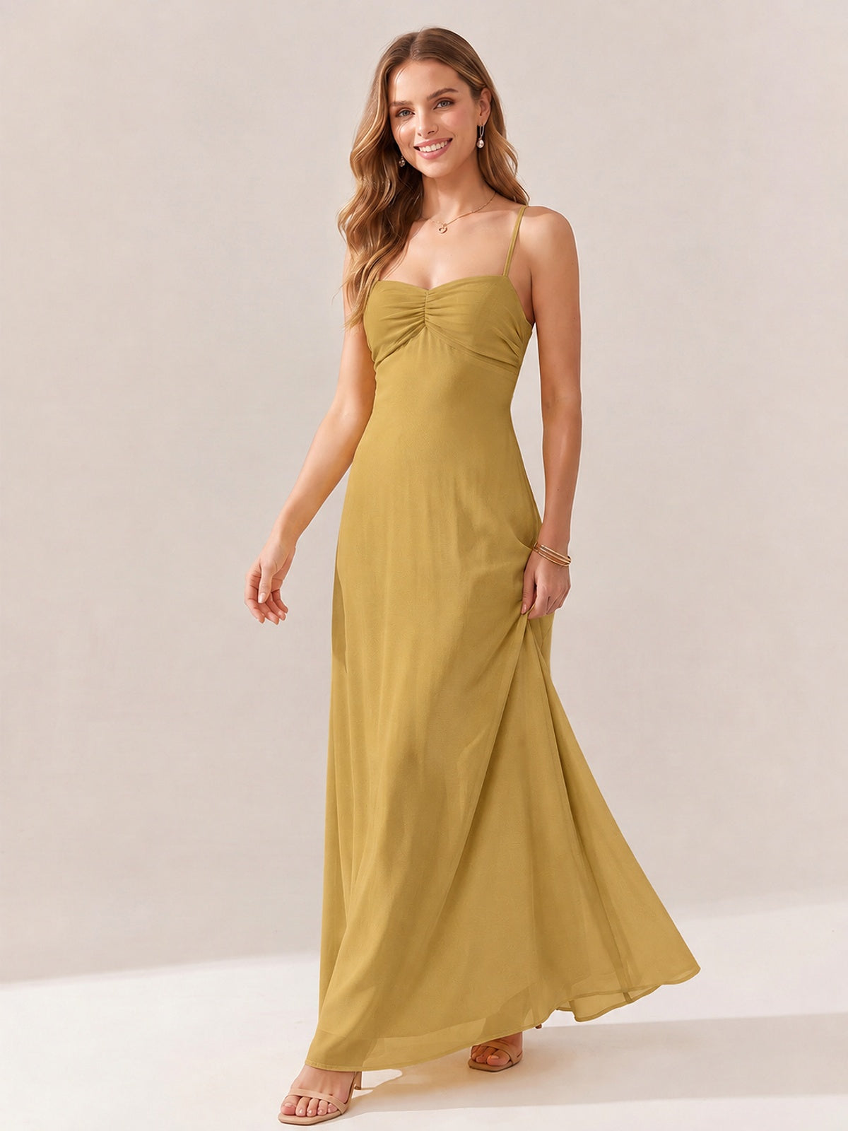 JOVELLEE Yellow Sweetheart Ruched Bust Chiffon Maxi Dress