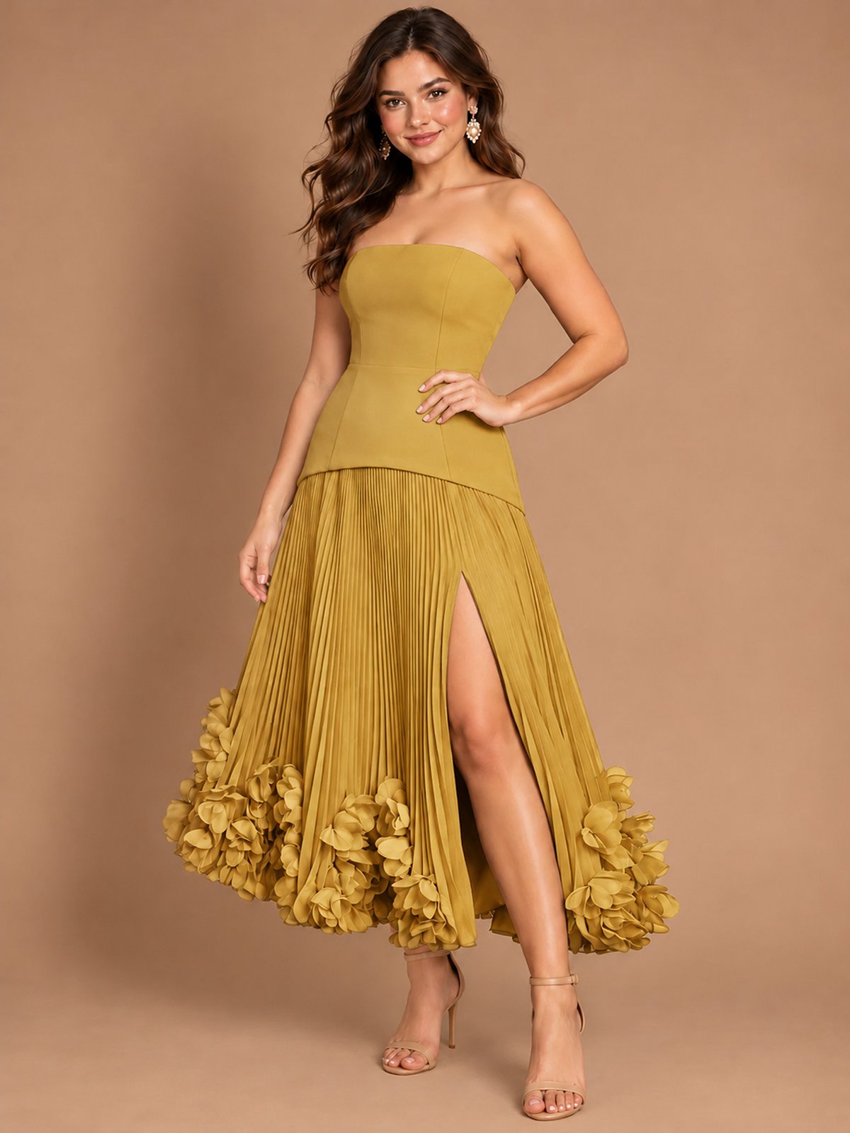 Navy Blue Strapless Pleated A-Line Midi Dress with 3D Floral Applique