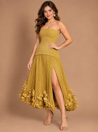 Navy Blue Strapless Pleated A-Line Midi Dress with 3D Floral Applique
