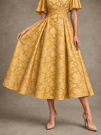 V-Neck Floral Jacquard Tea-Length Mother of the Bride Dress